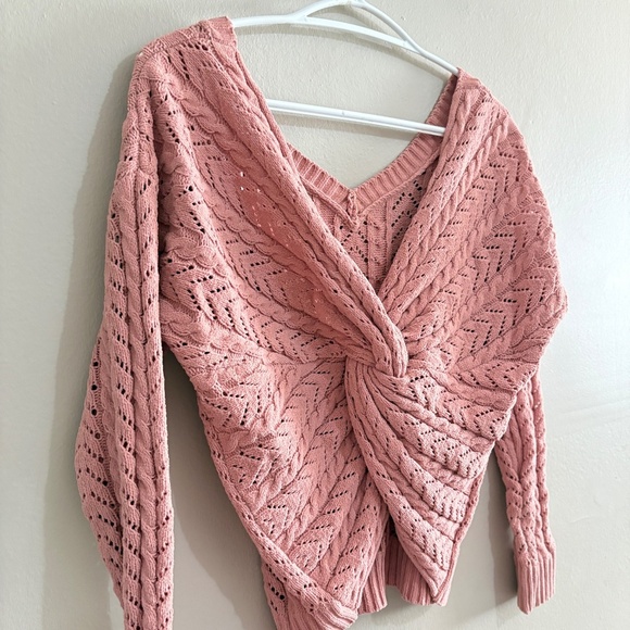 moon & madison Twist Back V-Neck Textured Knit Pink Sweater - Picture 12 of 14